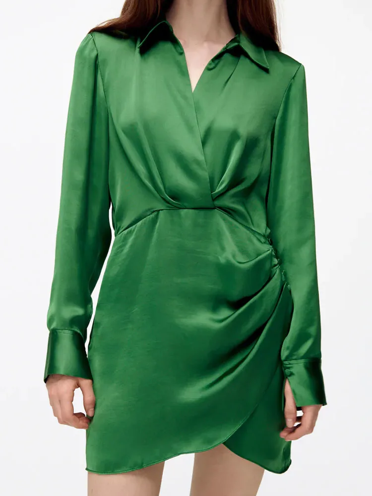 

ZA autumn female new street fashion style temperament all-match bag hip waist fold design lapel silk satin texture dress