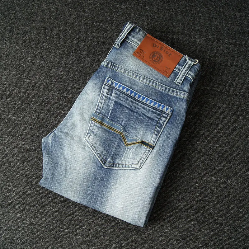 European Vintage Fashion Men Jeans Retro Light Blue Elastic Slim Fit Ripped Jeans Men Korean Printed Designer Casual Denim Pants