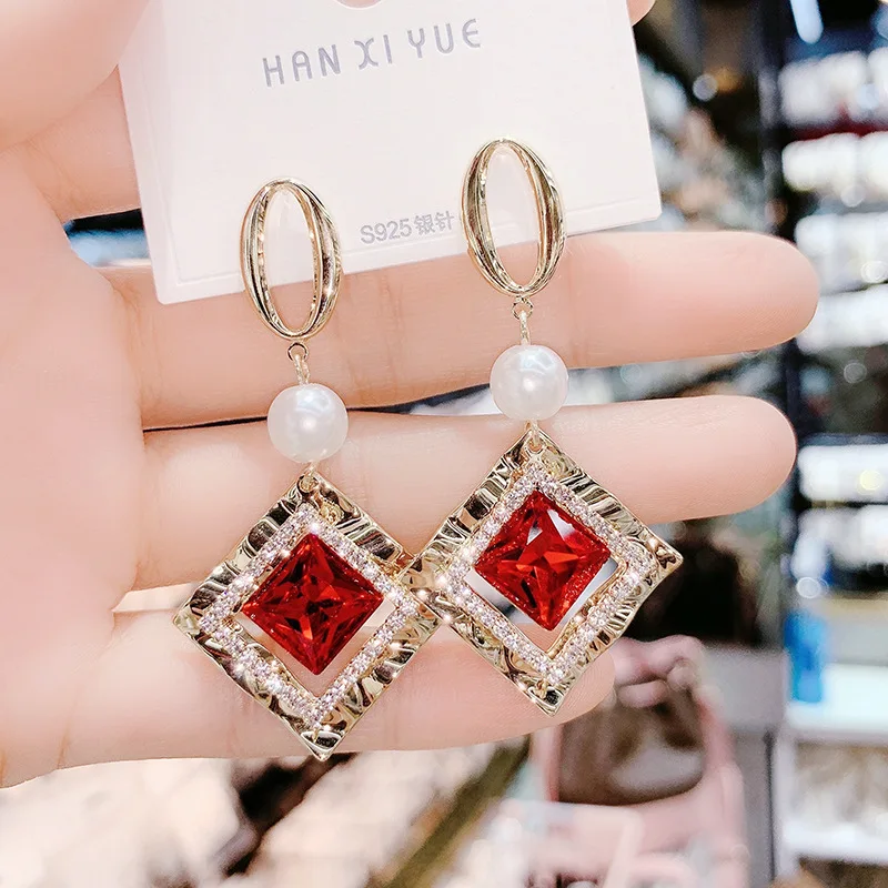 

New 925 Sterling Silver Geometric Double Shell Beads Crystal Pendant Earrings Women Girl Stylish Jewelry Personality Gift