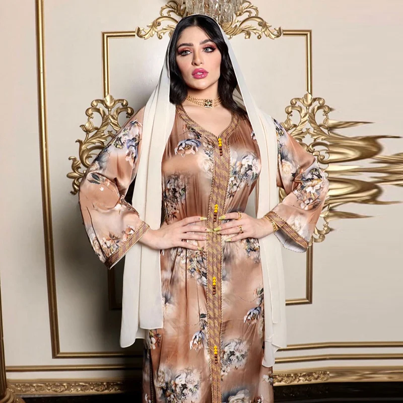 Maxi Caftan Islamic Dress Woman Abaya Dubai Turkey Muslim 2022 Print Long Evening Dress Kaftan Marocain Turkish Jilbab Clothes