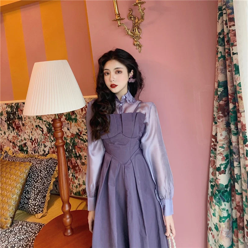 

Женское платье-рубашка с деревянными ушками, прозрачное облегающее платье в Корейском стиле с зауженной талией, новинка на осень