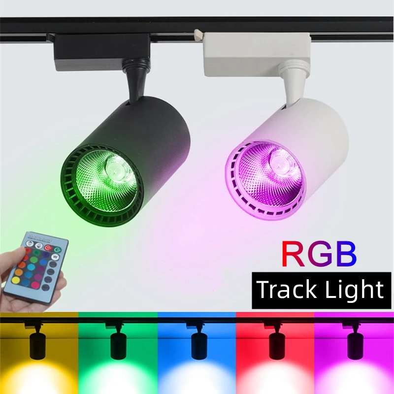 RGB LED Ceiling Track Lamp 12/15/20/30W Colorful COB Phase Wall Rail Spotlight Stage KTV Cloth Shop Track Lighting System AC220V