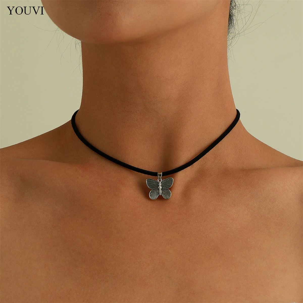 

YOUVI Simple Black Sexy Flannel Short Choker Necklace for Women Goth Butterfly Pedant Necklace Jewelry Chains on the Neck