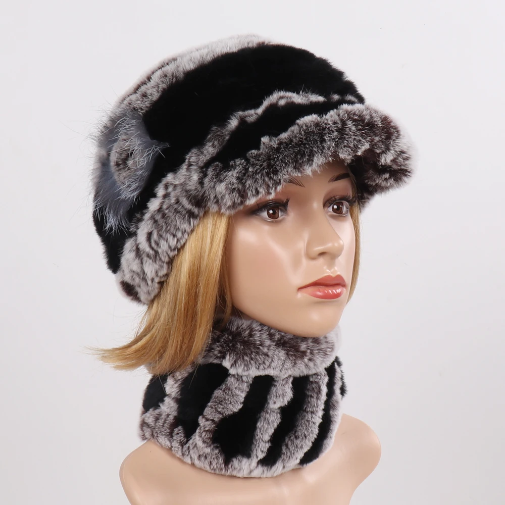 Горячая Распродажа женские эластичность из натурального меха шапка и шарф