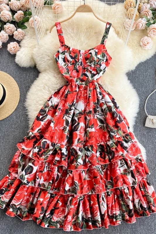 

Elegant Print Holiday Skirt Women's Summer Dress 2021 New Sweet Lotus Leaf Mid-Length Strap Dress for Women