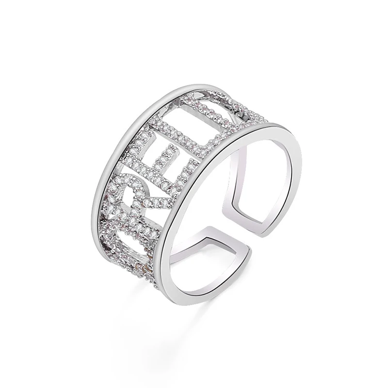 

Fashion Women Finger Rings Sliver Color Alphabetic Cute Open Wedding Ring Zircon Adjustable Hand Jewelry Female Accessories Gift