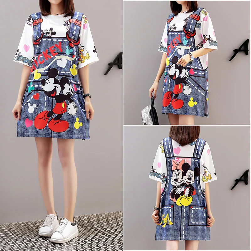 

Spring Summer Disney Cartoon Mickey Mouse T-shirt Womens Plus Size Korean Harajuku Strap Dress Print Fake Two Pieces Fashion Top