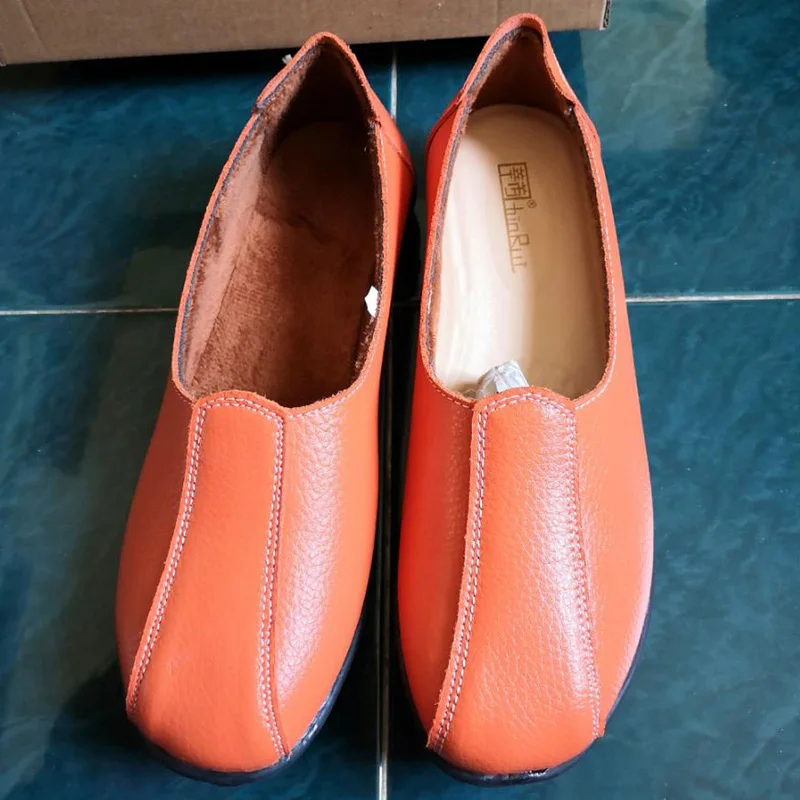 

Orange genuine leather flats womans old style shoes Precision stitching walking lazy shoes women flats