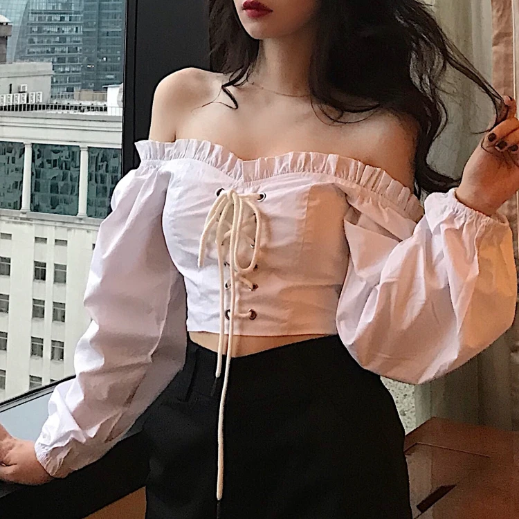 

Womens Off Shoulder Top Ruffle Vintage Blouse With Puff Sleeves Lace Up Ladies Bandage Crop Tops Black White Aesthetic 115