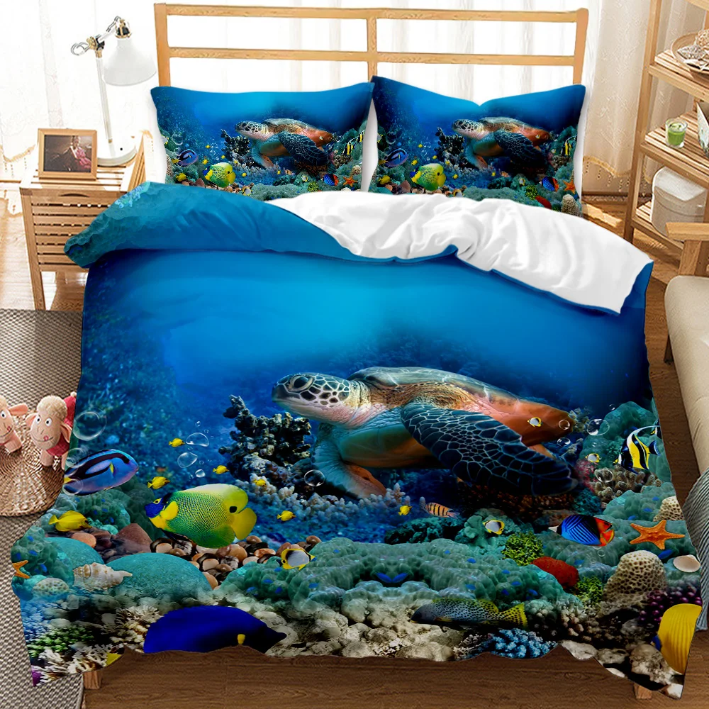 

Marine Life Bedding Set Underwater World Duvet Cover Fish Turtle Jellyfish Dolphin Shark Pattern Quilt Cover Set Bedclothes