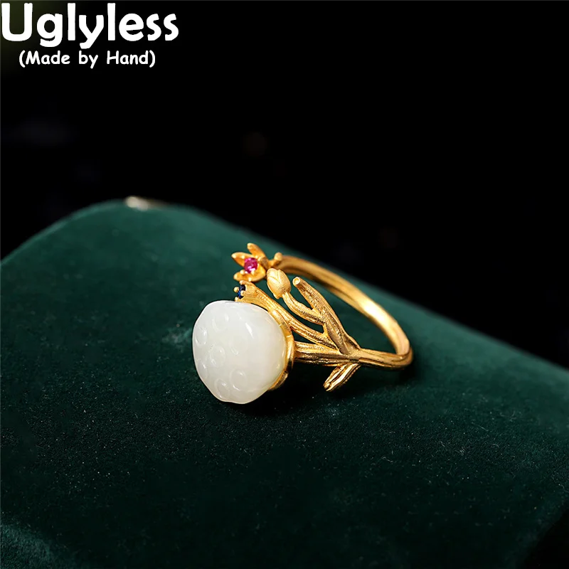 

Uglyless Natural Gemstones Hotan Jade Lotus Rings for Women Real 925 Silver Floral Jewelry Ethnic Vintage Rings Floral Bijoux