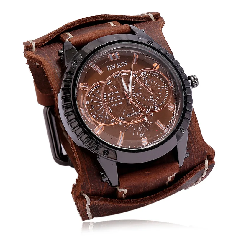 

Factory wholesale retro distressed men's leather watch personality punk wide leather bracelet cross-border jewelry