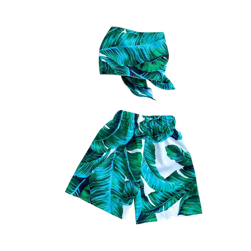 

Bow Leaf Print Split Swimsuit Beach Strapless Women Shorts Sets Girls Sunflower Chest Wrap Backless Shorts For Ladies
