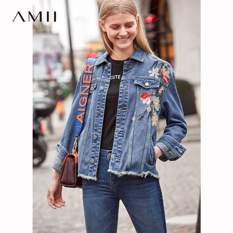 Amii винтажные джинсовые куртки с вышивкой Женские Весенние Новые повседневные