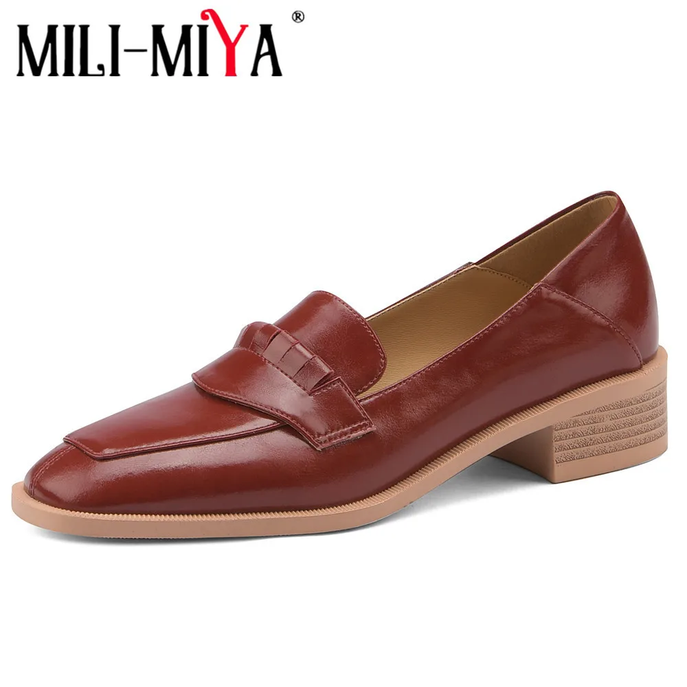 MILI-MIYA Concise Design Solid Color Women Full Genuine Leather Pumps Slip On Round Toe Thick Heels Plus Size 34-40 Handmade