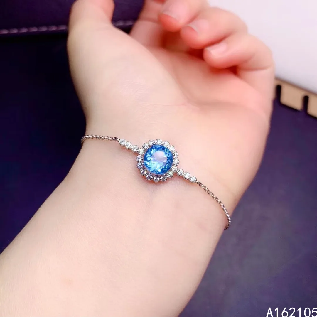 Fine jewelry 925 pure silver Chinese style natural Swiss blue topaz girl luxury popular round gem hand chain bracelet support de