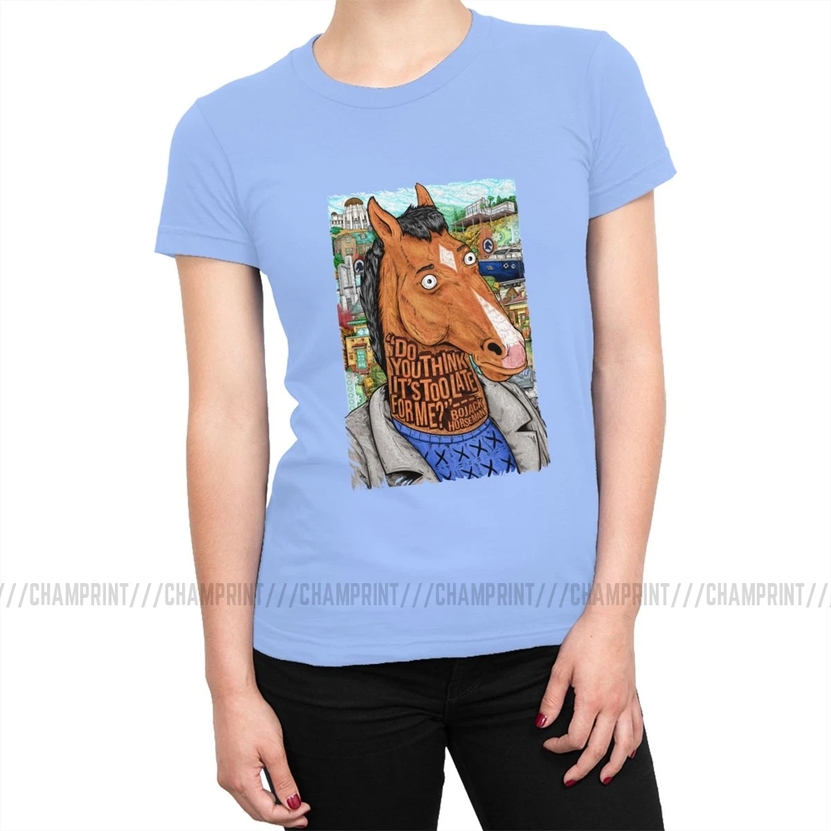 Женская футболка Bojack Horseman с забавным рисунком, эстетическая футболка с круглым вырезом, хлопковая уличная одежда размера плюс, женская одежда - Цвет: Небесно-голубой