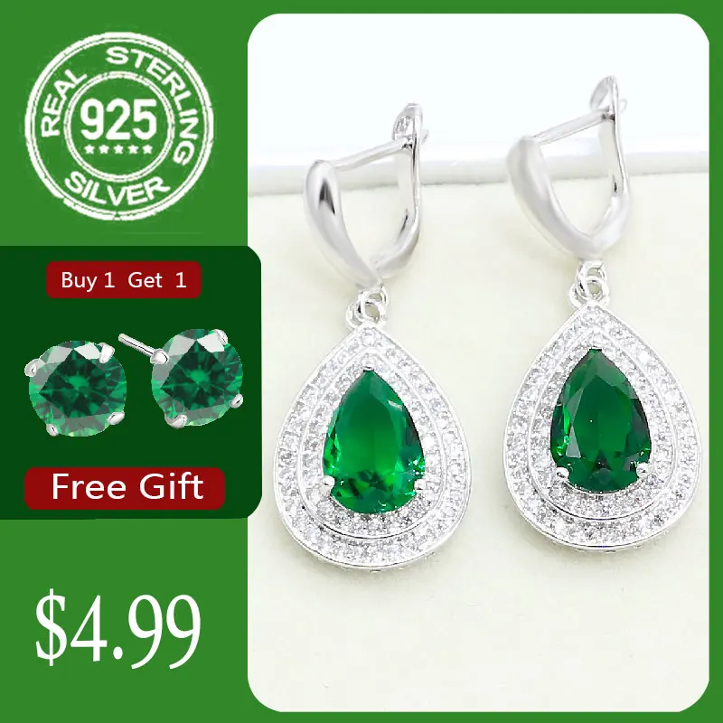 Серьги женские из серебра 925 пробы с зеленым Изумрудом и белым