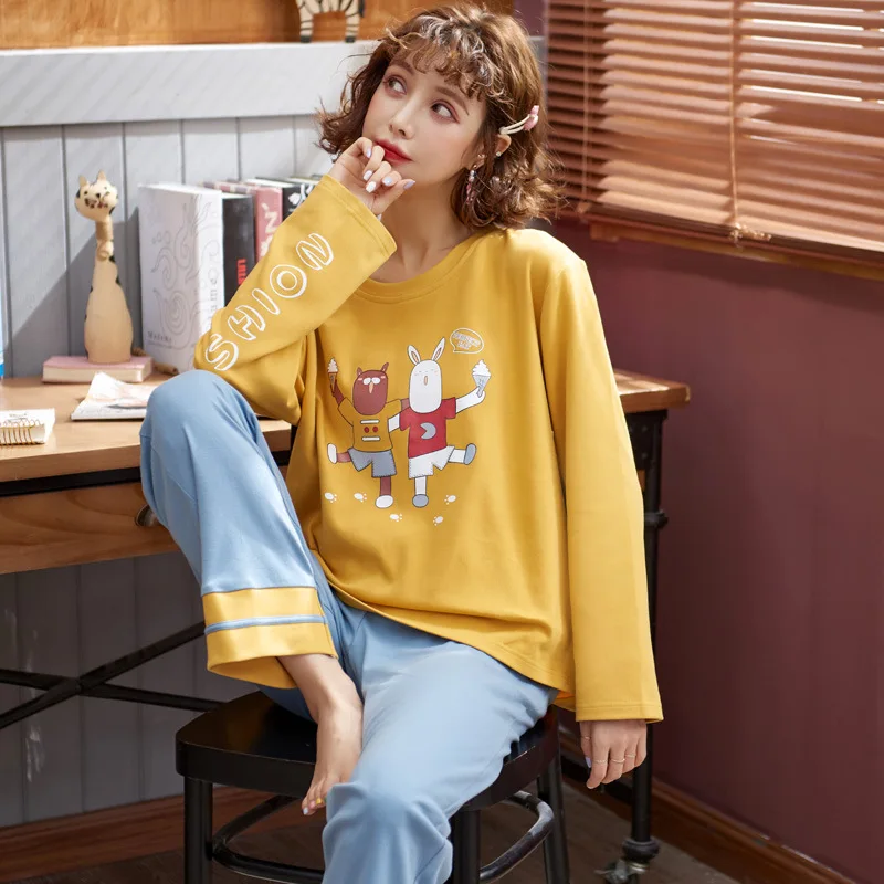 100% хлопок мультфильм прекрасный женский с длинным рукавом Пижамный костюм