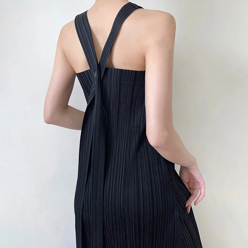 

Ruched Elegant Dress For Women O Neck Sleeveless High Waist Solid Mid Dresses Female Summer Clothing 2021 New Style
