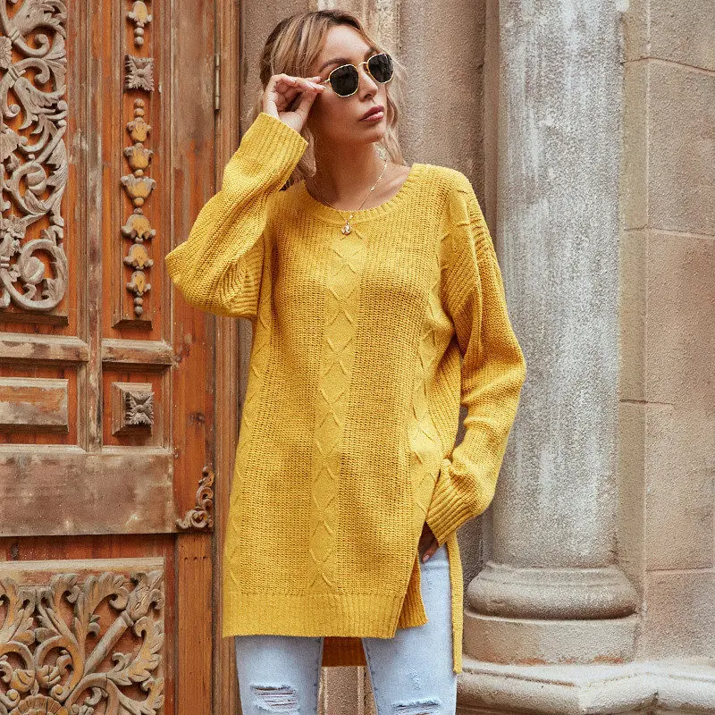 

Autumn Winter Long Jumper Sweater Women Fashion Side Split Knitted Pullovers Sweater Tops For Women 2020 New