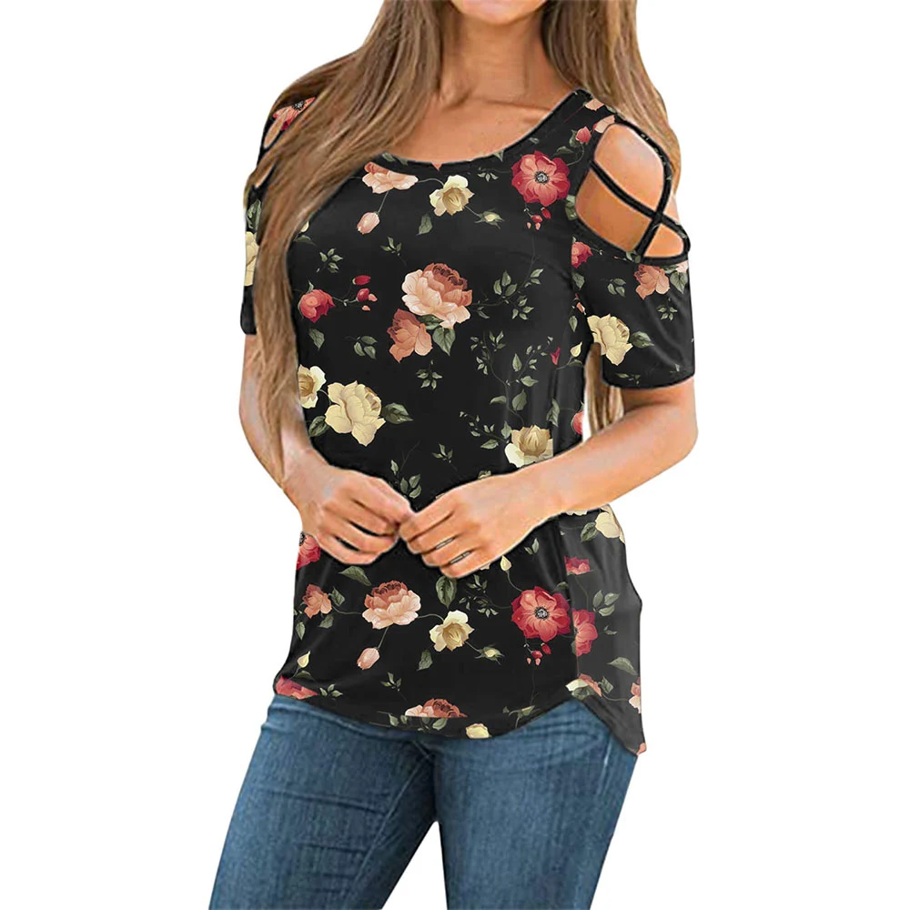 

Boho Beach Tee Shirts Plus Size Summer Fashion Women Hollow out Sleeve Print Short Sleeve Casual Loose T-shirt Y2k Tee Top