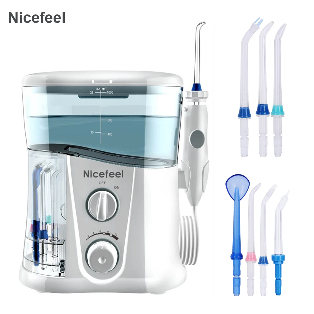 

Nicefeel Oral Irrigator & Dental Water Flosser Teeth Cleaner with 1000ml Water Tank 7 Nozzles with Adjustable Water Pressure