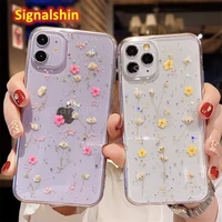 signalshin dried real flower handmade clear glitter phone case for iphone 12 11 pro max x xs max xr 7 8plus se daisy soft cover