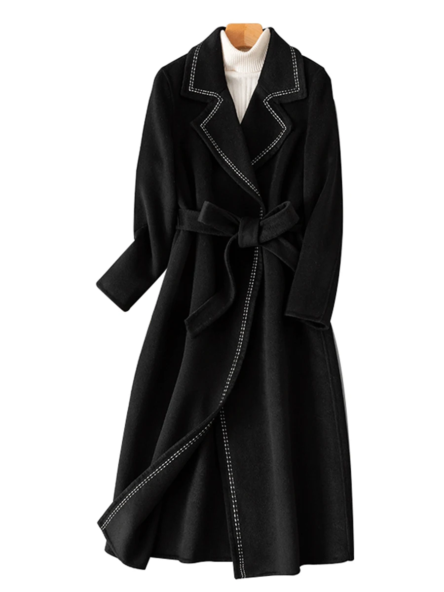 

Women 100% Wool Long Coat 2021 Autumn Winter Elegant Black Woolen With Belt Bandage Female Cashmere Midi-Length Jacket Outerwear