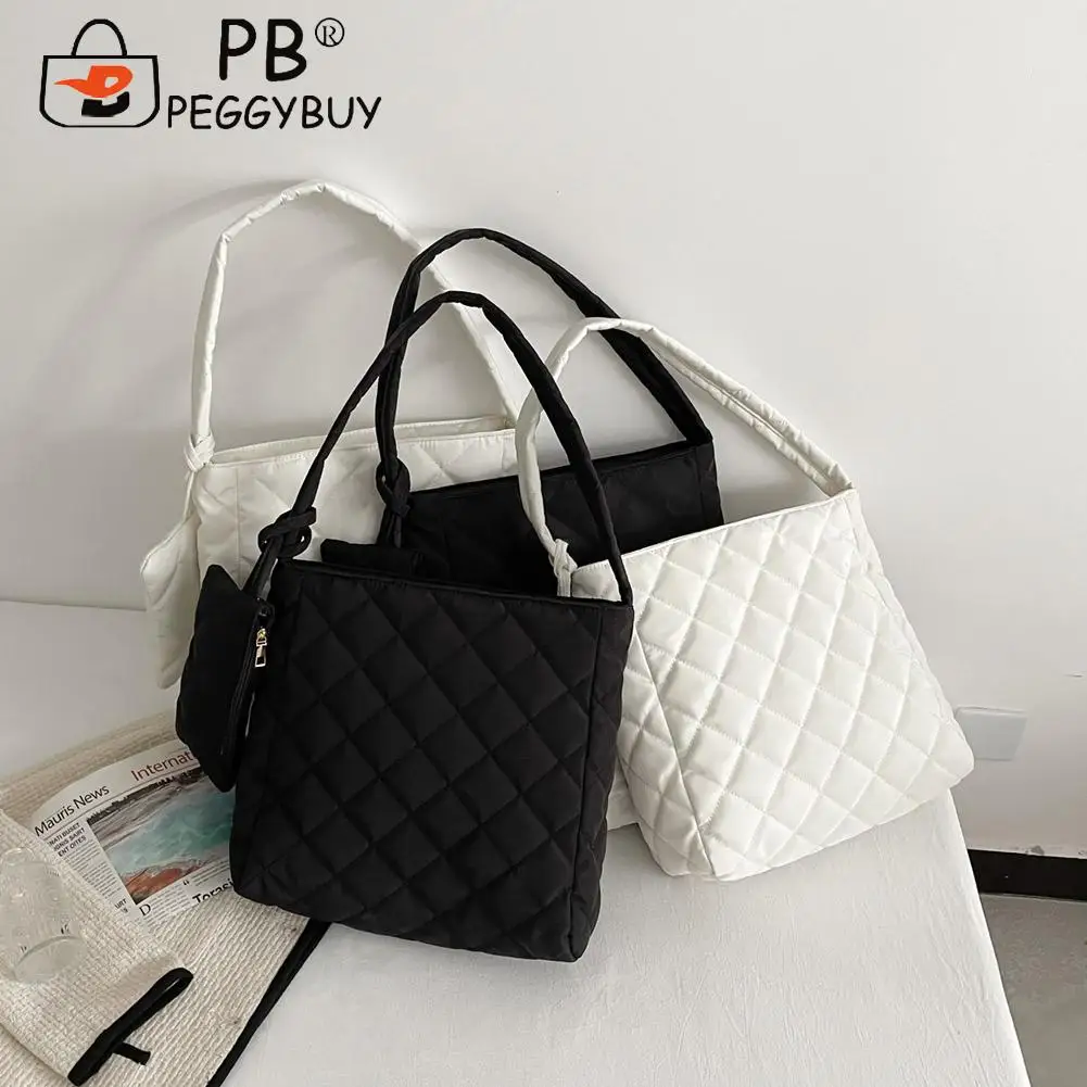 

Portable Cotton Padded Diamond Lattice Pattern Handbag with Mini Bag Fashion Nylon Solid Color Zipper Shoulder Composite Bags