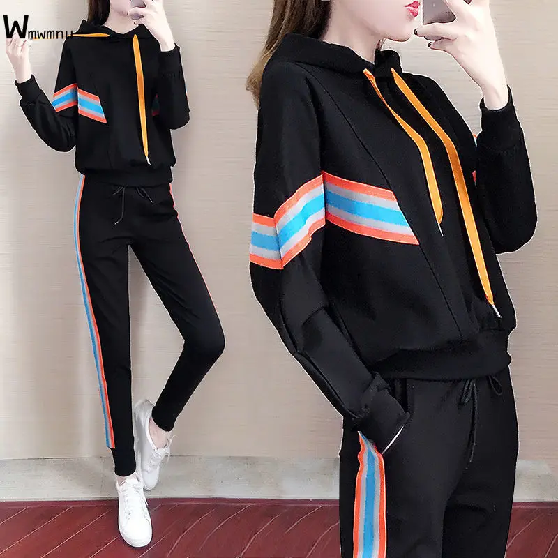 

Casual Matching Striped Sport Tracksuit Black Cotton Soft Slim Fit 2 Piece Set Women Fashion Drawstring Tops + Pants Suit