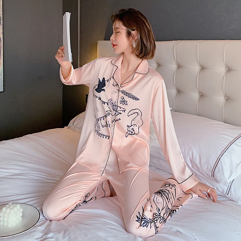 

Pink Pajamas Suit Women 2PCS Sleepwear Print Flower Nightwear Long Sleeve Intimate Lingerie Satin Spring Autumn New Home Wear