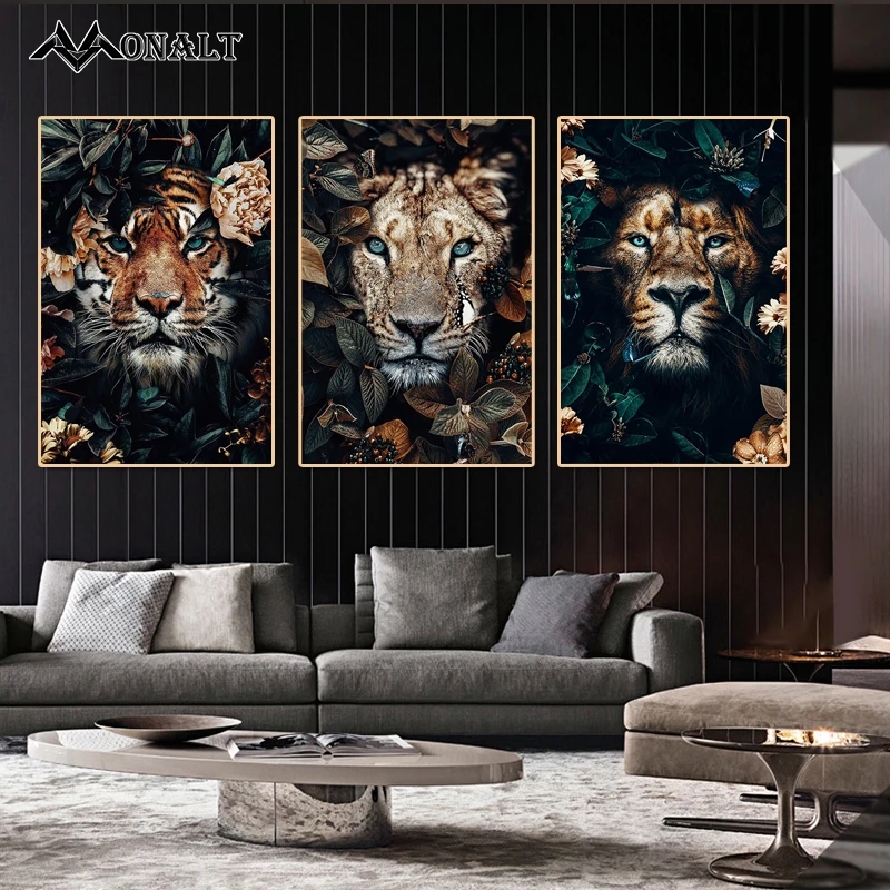 Холст абстрактная живопись цветок лося Тигр Слон плакат со львом и принты