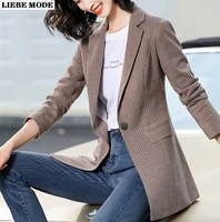 grey khaki plaid blazer women spring jacket woman long sleeve elegant female blazer office autumn slim fit long suit jacket