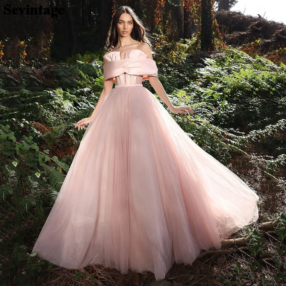 

Sevintage Simple Pink Tulle Prom Dresses Long Satin Off The Shoulder Formal Evening Gowns Women Special Occasion Dress 2021