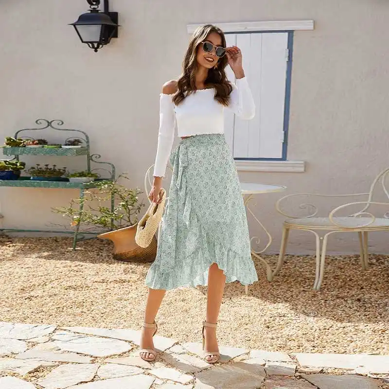 

2020 Bohemian Floral Print Summer Skirts Womens Sexy Strap Slit Boho Asymmetrical Chiffon Skirt Ruffles Long Skirts for Women