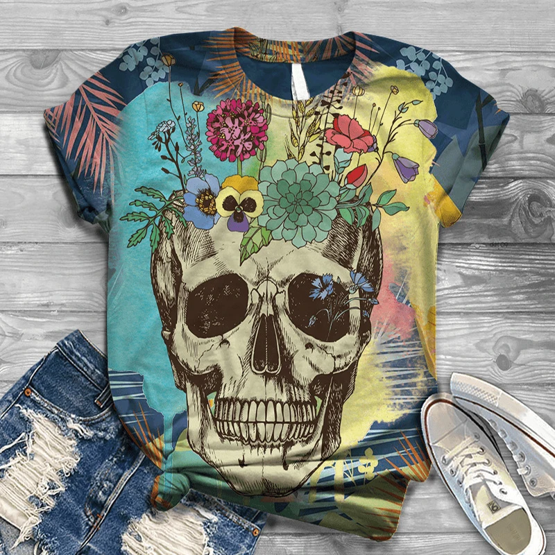 

Plus Size S-4XL T Shirt Digital 3D Skull Printed T-Shirt Women Tshirt O Neck Short Sleeve Graphic Shirt Women Harajuku Tops