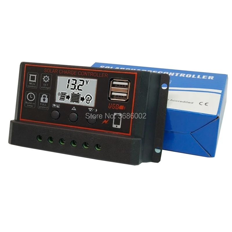 PWM 60A/50A/40A/30A/20A/10A Dual USB Панели солнечные Батарея регулятор заряда аккумулятора 12/24V ЖК-дисплей солнечные контроллеры