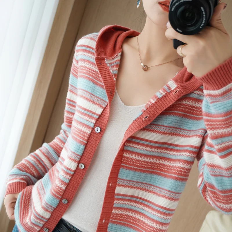 

Cashmere Hooded Cardigan Women's Loose Hoodie Sweater Women's Spring Autumn/Winter 100% Pure Wool Sweater Knitted Jacket