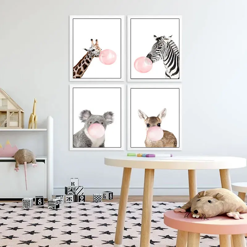 Милые животные принты постеры скандинавские розовые Пузырьковые картины холст