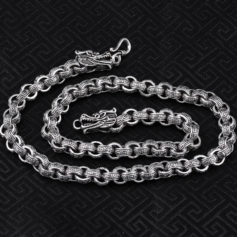 

925 Sterling Silver color Double Dragon Head Men Necklace Vintage Punk Thai Silver Round Link Chain Male Necklace Fine Jewelry
