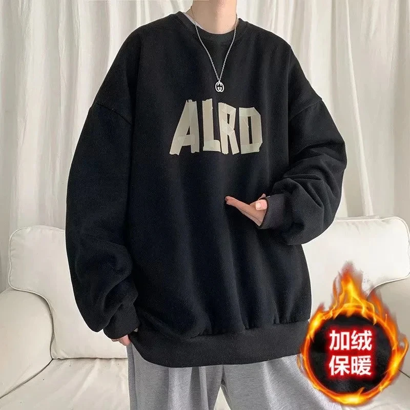 

Men's simple round collar jacket all-match original sleepwear new pullover temperament plus velvet printing popular youth trend