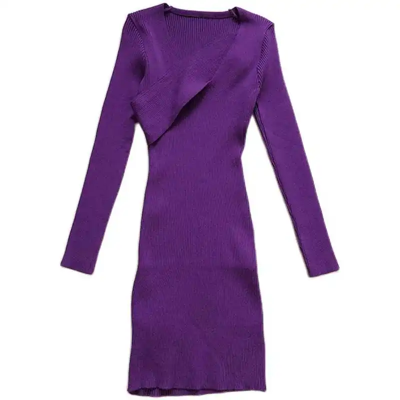 

Autumn and winter Korean sexy cross deep V-neck close waist cover span show thin long sleeve solid color with knitted bottom