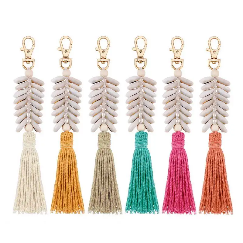 

KC00116 Knit Cowry Shell Herringbone Keychain 2020 New Spring Cotton Tassel Key Chain Handmade Bag Accessories Tropic Jewelry