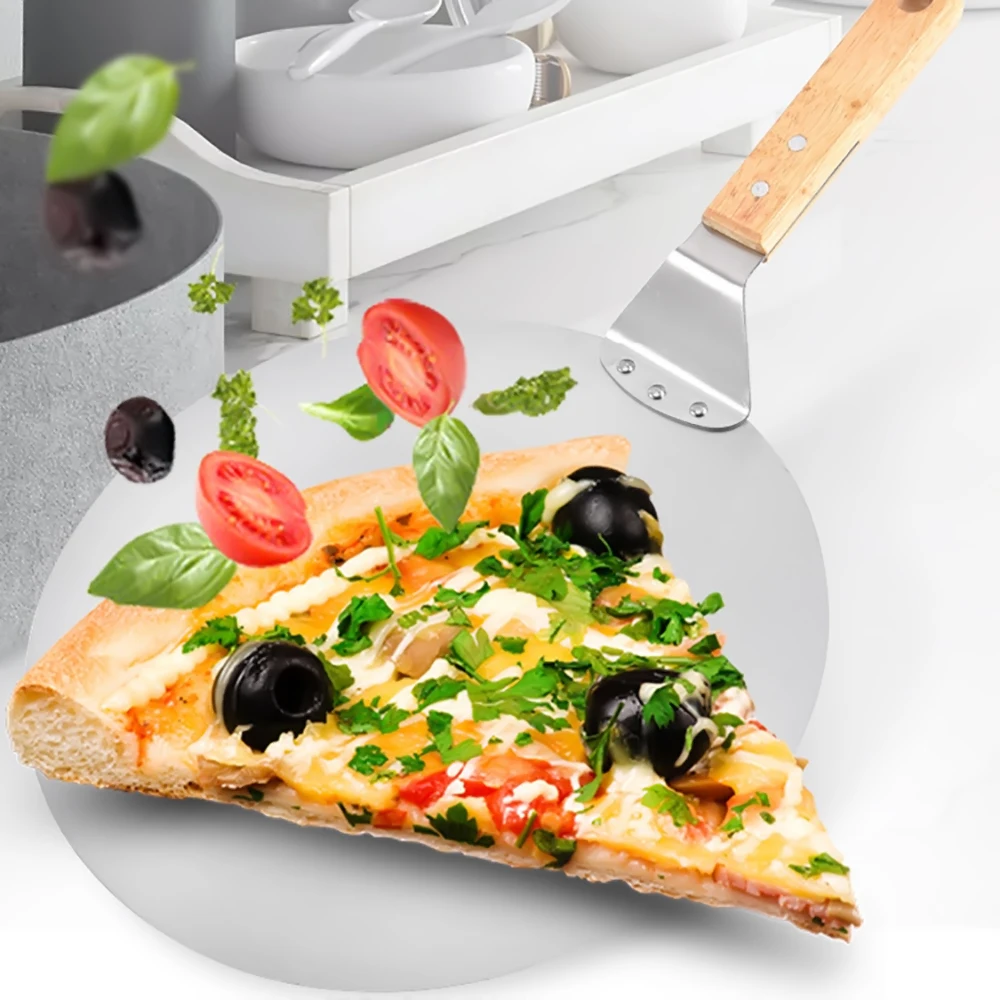 

10Inch Stainless Steel Pizza Shovel Cake Pizza Safety Shovel Transfer Multifunction Wooden Handle Large Round Shovel Baking Tool