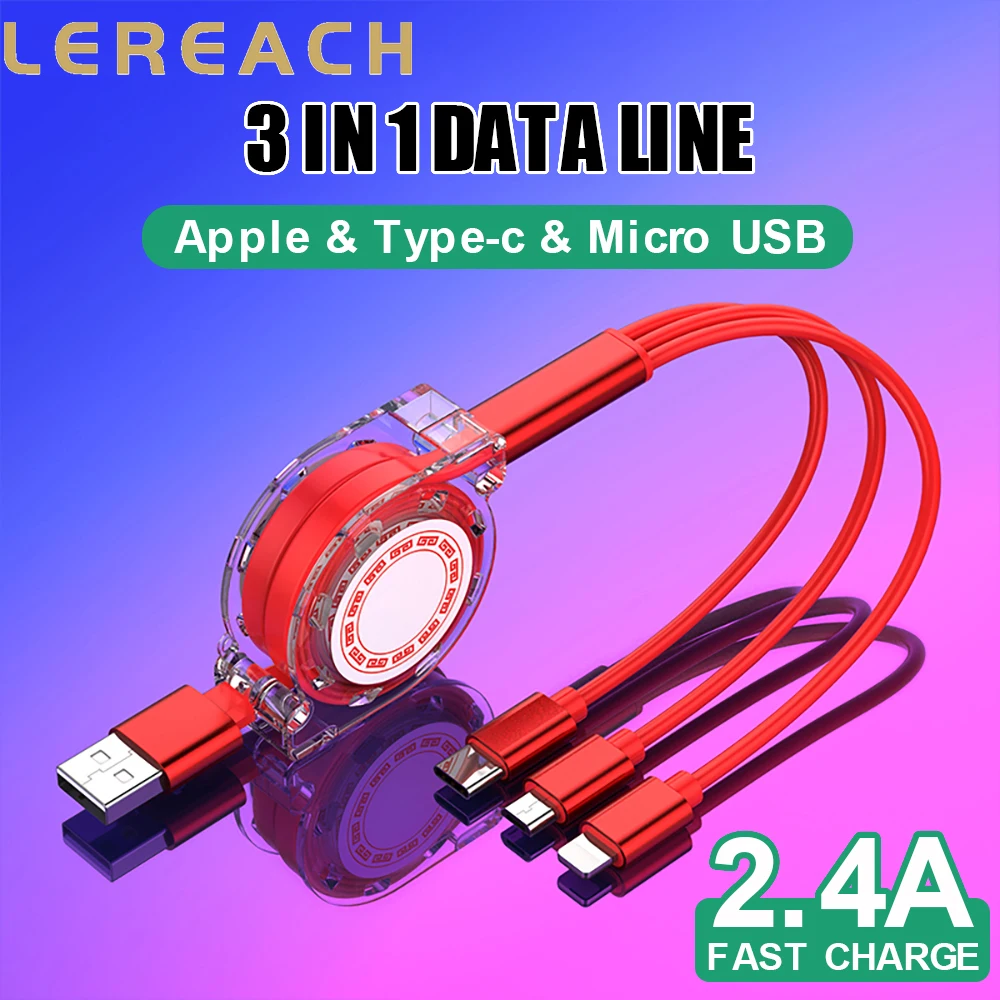 

Lereach 1M Telescopic 3 In 1 Fast Charging Cable Type C / Lightning / Micro USB Cable For IPhone Samsung Huawei Oppo Xiaomi Vivo