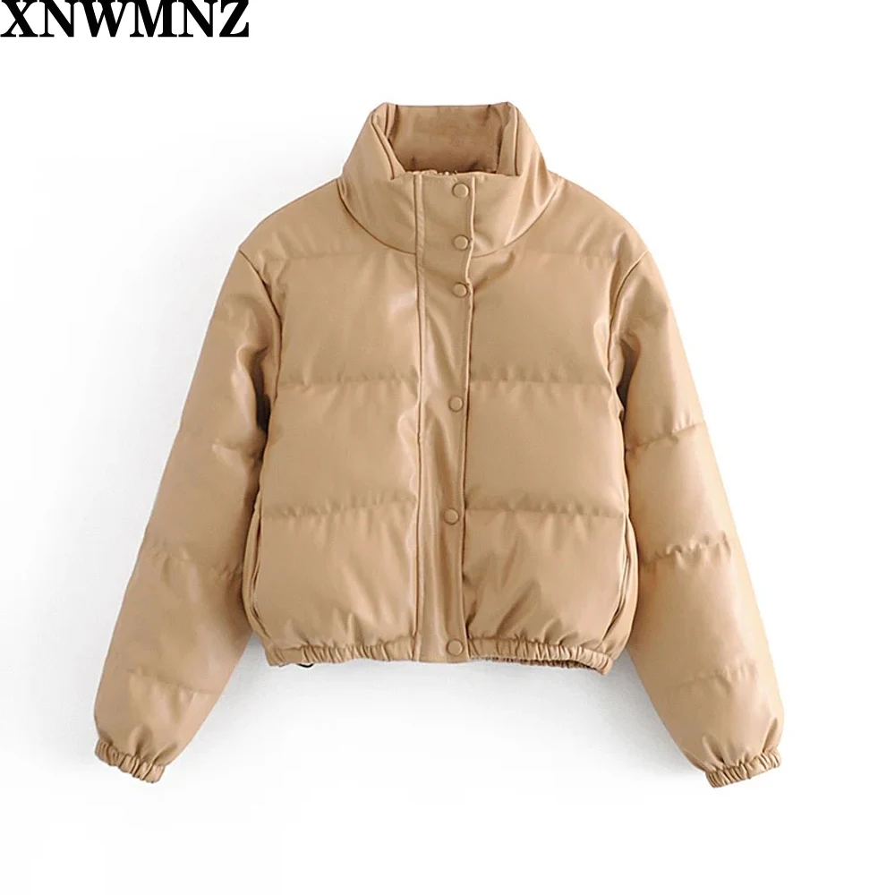 XNWMNZ Lady winter Casual Stand Collar Parkas Women Fashion Coats Women Elegant PU Leather Short Cotton Jackets Female Ladies