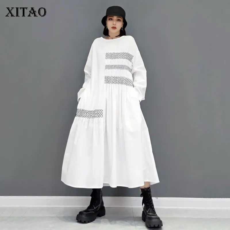 

XITAO Fashion Casual Women Dress 2021 Autumn New Arrival Long Sleeve Loose Large Size Pleated O-neck Pullover WMD2937