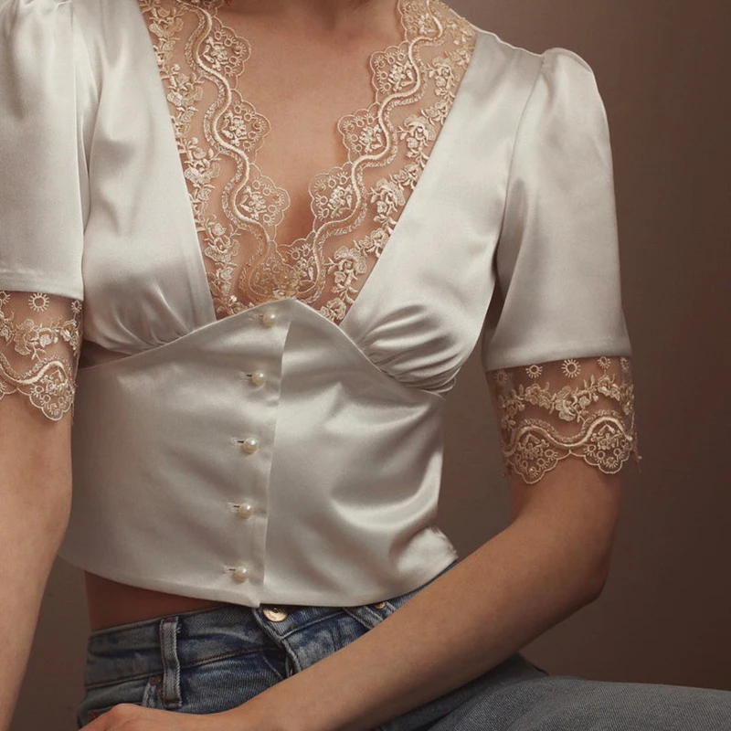 

Weekeep French Elegant Satin T-Shirt Women Lace Patchwork Short Sleeve Button Up Crop Top Summer Casual 90s Streetwear White Tee