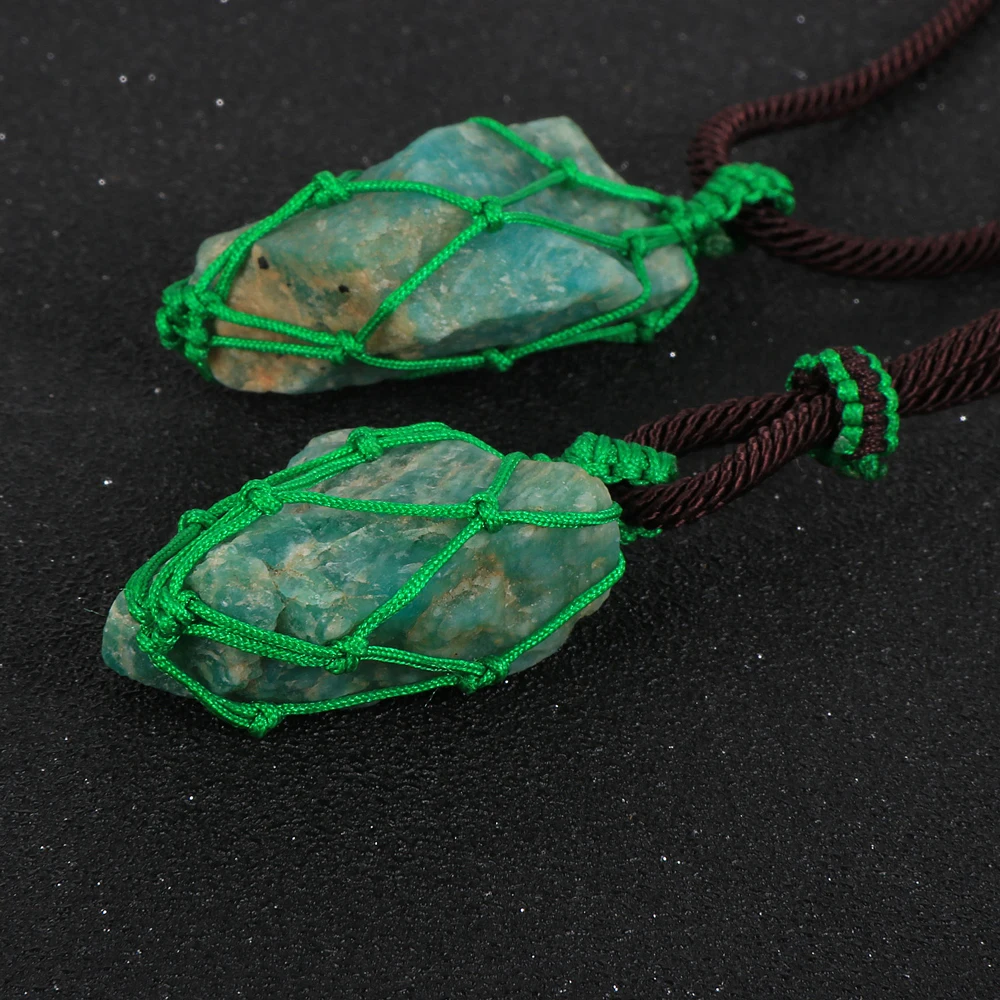 

Unisex Men Women Original Amazons Stone Pendant Necklace Hand Wrapped Natural Stone Pendants Long Sweater Necklace